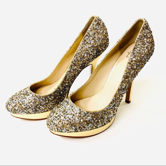 Joan & David Heels Platform Gold Sequin - Picture 1 of 5